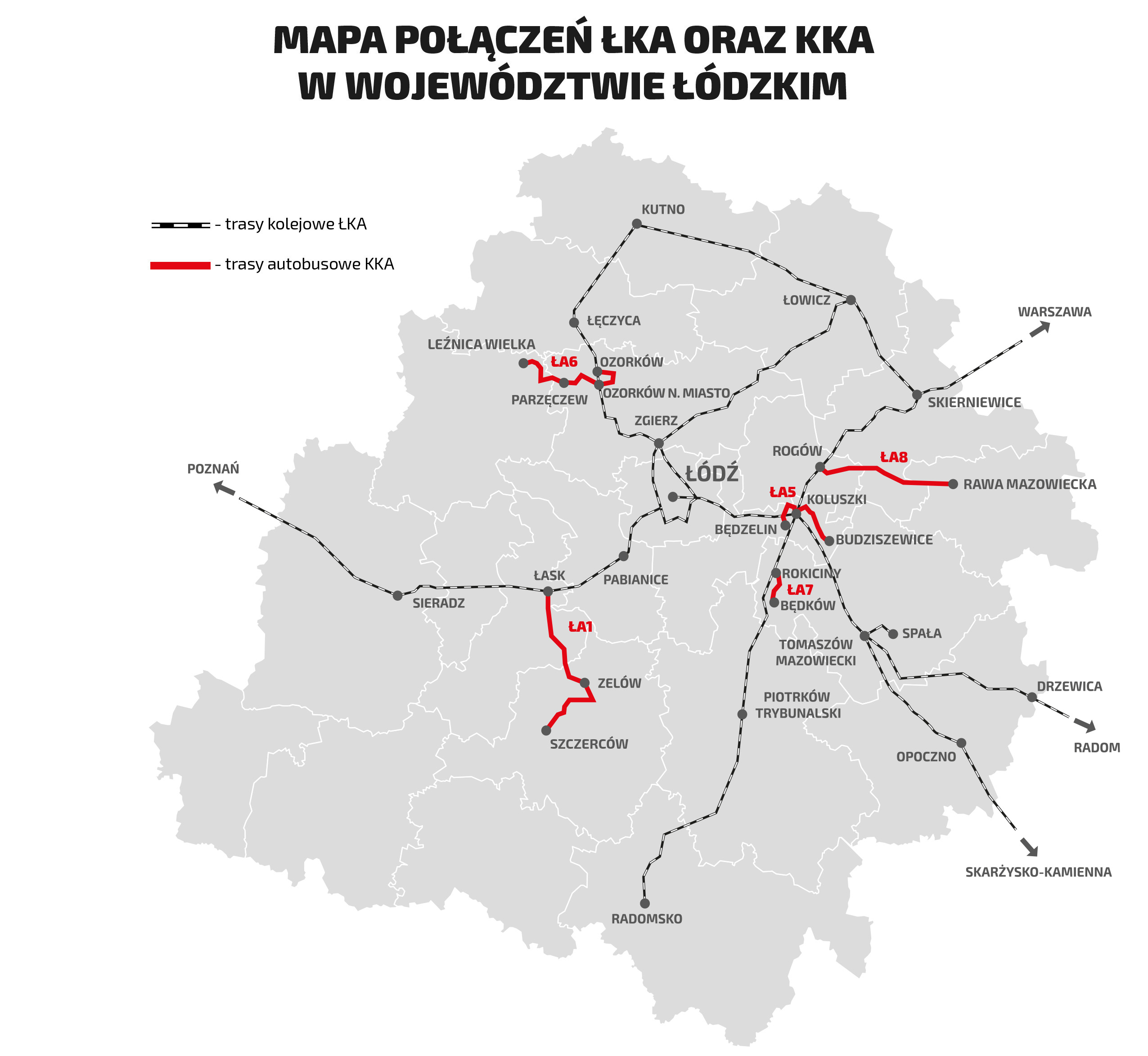Mapa przedstawia kontur województwa łódzkiego i zaznaczone tory kolejowe oraz trasy wymienione powyżej.